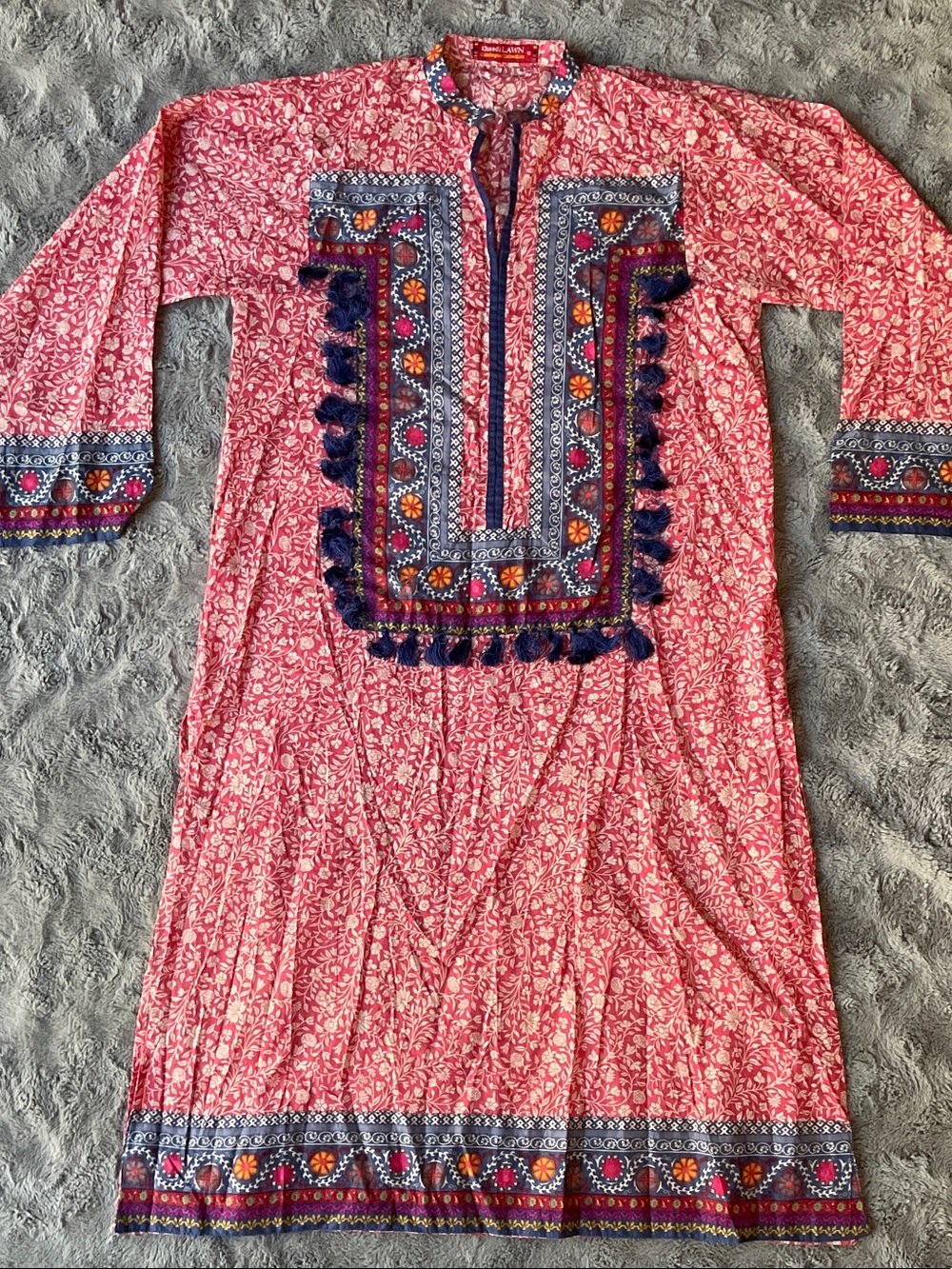 Pink Floral Embroidered Tassel Tunic Top / Kurta Dress